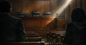 Empty Egyptian courtroom with judge's bench and witness stand under harsh fluorescent lighting