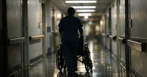 Healthcare worker silhouette pushing empty wheelchair down dimly lit nursing home corridor