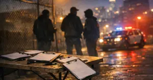 Urban street corner at dusk with folding table, scattered clipboards, and silhouetted figures against chain-link fence
