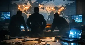 FBI operations room with silhouetted agents viewing illuminated world map showing international investigation locations