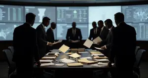 FBI operations center with silhouetted agents around conference table with scattered documents and glowing screens