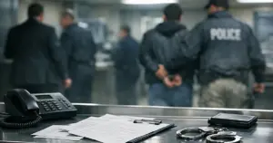 Federal courthouse booking station with processing counter and agent silhouettes in background