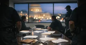 Police briefing room with silhouetted officers around table with documents, government building visible through window