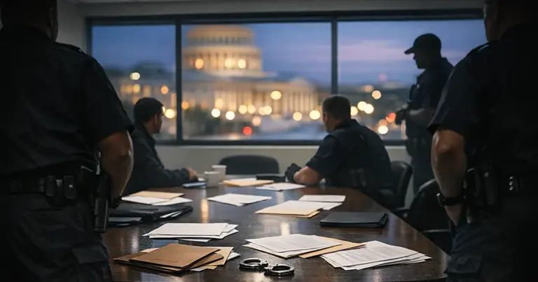 Police briefing room with silhouetted officers around table with documents, government building visible through window