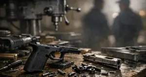 Unfinished firearm frame and metal components on workshop bench with tools in background