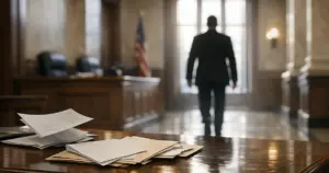 Federal courthouse hallway with legal documents on table and silhouetted figure walking toward windows