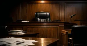 Empty judge's bench in North Carolina courthouse with scattered legal documents on table in foreground