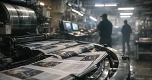 Military newspaper printing press in operation with workers silhouetted at control stations in production facility