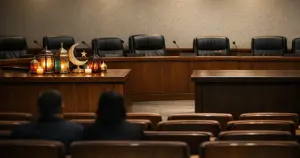 Municipal council chamber with decorative holiday items on one side of desk, other side empty