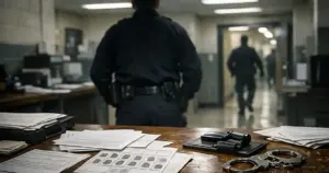 Federal booking station desk with intake paperwork and silhouetted officer processing documents