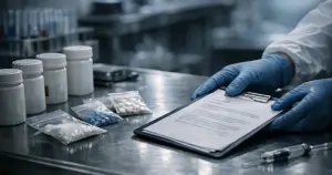 Forensic evidence table with pill bottles and toxicology materials being examined by gloved hands in laboratory