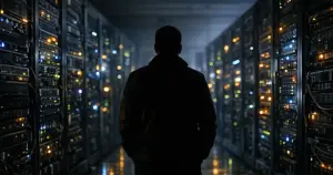 Silhouetted figure facing illuminated server racks in dark data center with glowing blue and amber LED indicators