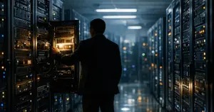 Silhouetted figure standing before rows of illuminated government servers in a data center