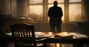 Empty witness chair and documents in federal courthouse room with silhouetted figure at window