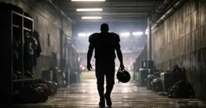 Silhouetted figure walking through empty stadium tunnel toward distant field lights at night