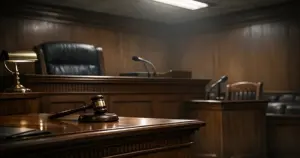 Empty courtroom with judge's bench and witness stand under institutional lighting