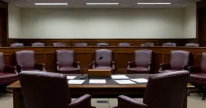 Empty Senate hearing room with witness table, microphone, and scattered documents facing committee bench
