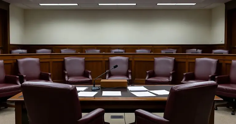 Empty Senate hearing room with witness table, microphone, and scattered documents facing committee bench