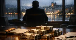 Stacks of Swiss franc currency and banking ledgers on boardroom table with silhouetted figure at window
