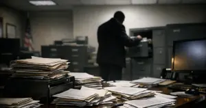 Immigration office desk with scattered application folders and silhouetted figure at filing cabinet