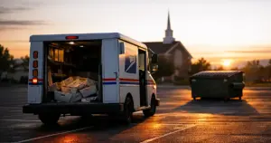 USPS mail truck with open cargo door parked in empty church parking lot at dusk with dumpster in background