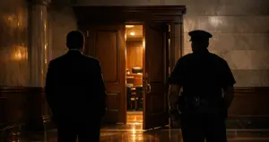 Courthouse corridor with open courtroom door and silhouetted figures in shadow at dusk