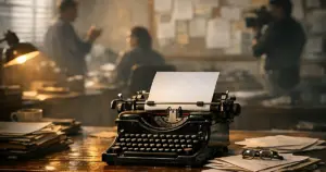 Vintage typewriter with blank paper on wooden desk surrounded by manuscript pages in dramatic lighting