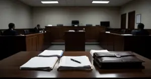 Federal courtroom interior with legal documents on defense table and empty judge's bench in background
