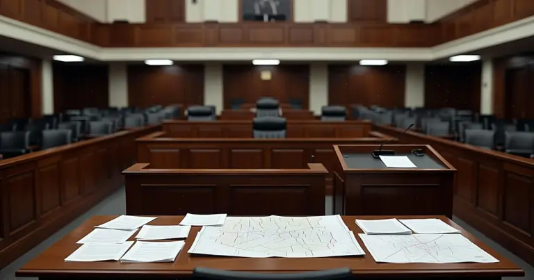 Empty federal courtroom with wooden bench, witness stand, and scattered legal documents on table in foreground