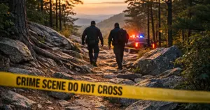 Mountain hiking trail with crime scene tape and distant investigator silhouettes at dusk in forested terrain