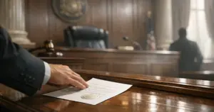 Hand sliding official document across empty courtroom judge's bench in dramatic natural lighting