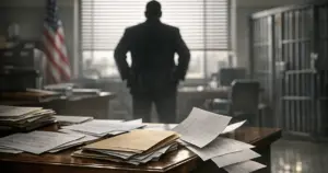 Immigration documents scattered on desk in federal office with silhouetted figure at window with venetian blinds