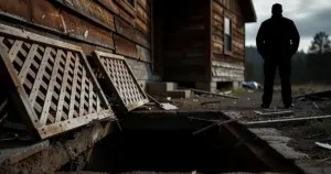 Dark crawl space entrance beneath wooden house foundation with partially removed lattice framework
