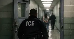 Immigration enforcement facility interior with officer silhouette facing open security door in institutional corridor