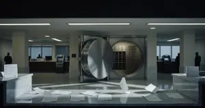 Bank vault door open with empty safety deposit boxes and scattered withdrawal forms on counter