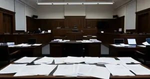 Empty courtroom with scattered legal documents on judge's bench and counsel tables under fluorescent lighting