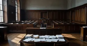 Empty New York courtroom interior with judge's bench and scattered legal documents on defense table