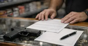 Handgun on firearms dealer counter with blank federal form and pen, dealer's silhouetted hands visible