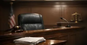 Empty courtroom with judge's bench and witness stand in dramatic lighting