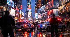 NYPD patrol cars with flashing lights positioned in Times Square at dusk with officers as silhouettes