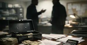 Nonprofit office desk with scattered papers and empty cash box, silhouetted figures in background