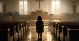 Silhouetted child standing alone in center aisle of empty church sanctuary with wooden pews and window light