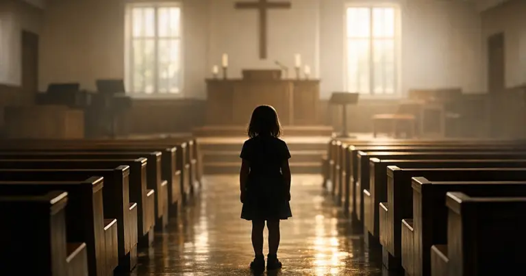 Silhouetted child standing alone in center aisle of empty church sanctuary with wooden pews and window light
