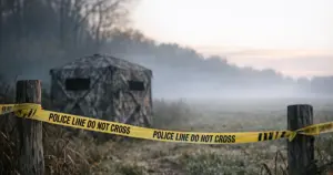 Hunting blind in misty field cordoned off with police tape at dawn