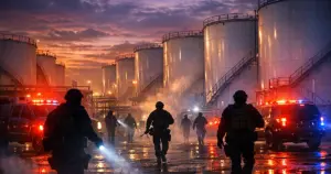 Industrial fuel storage depot with large white tanks at dusk as silhouetted tactical personnel move through facility