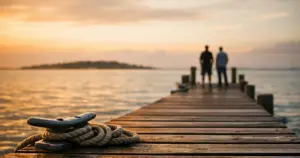 Empty boat dock extending into Gulf Coast waters with distant barrier island on horizon at sunset