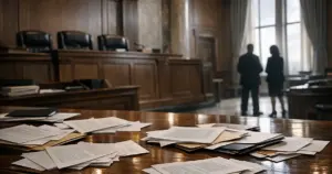Empty courtroom with scattered legal documents on judicial bench and silhouetted figures in background