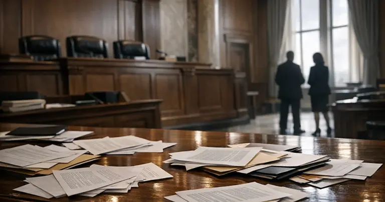 Empty courtroom with scattered legal documents on judicial bench and silhouetted figures in background
