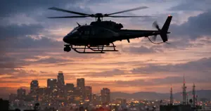 News helicopter silhouette against dusk sky above Los Angeles urban skyline with emergency lights below