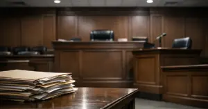 Empty courtroom interior with judge's bench and witness stand under fluorescent lighting